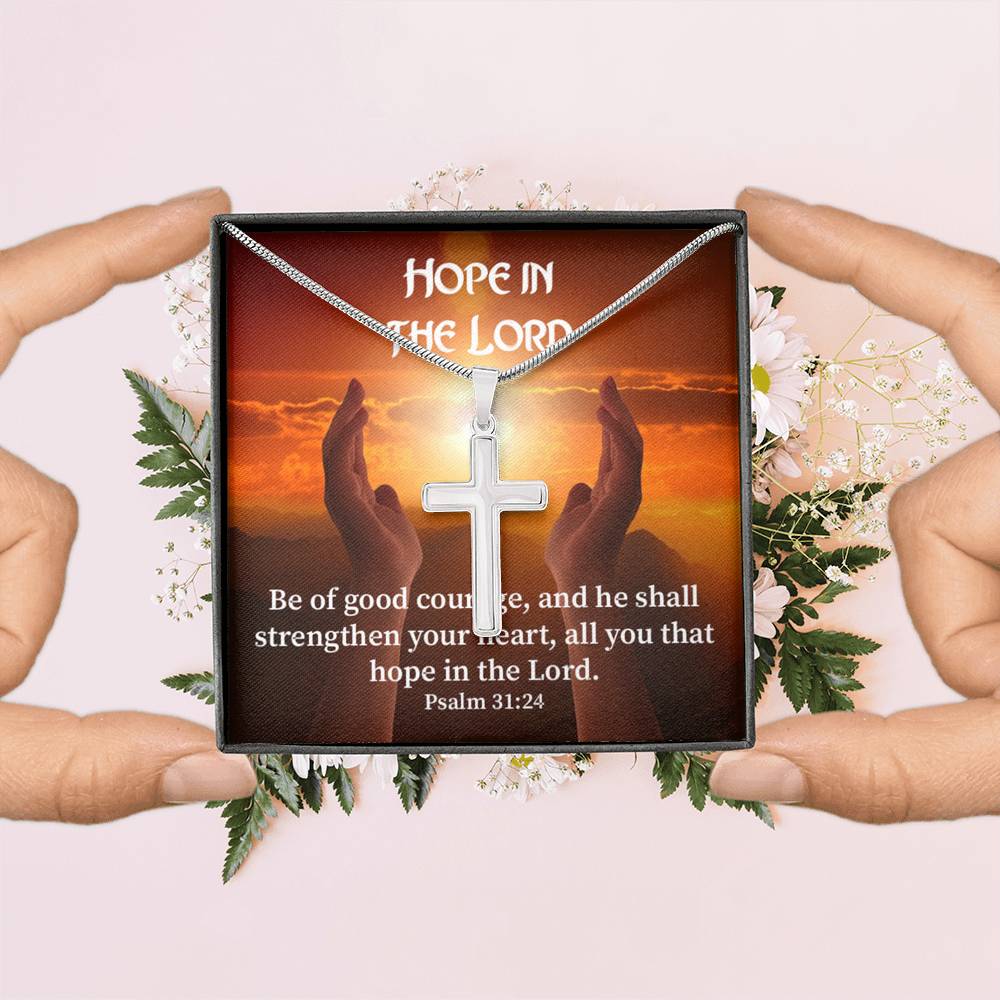 Scripture Card Hope In The Lord Psalm 31:24 Cross Card Necklace w Stainless Steel Pendant Religious Gift-Express Your Love Gifts