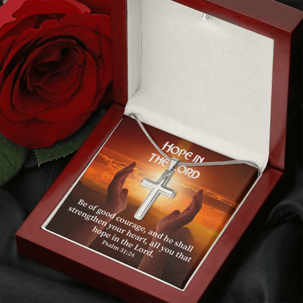 Scripture Card Hope In The Lord Psalm 31:24 Cross Card Necklace w Stainless Steel Pendant Religious Gift-Express Your Love Gifts