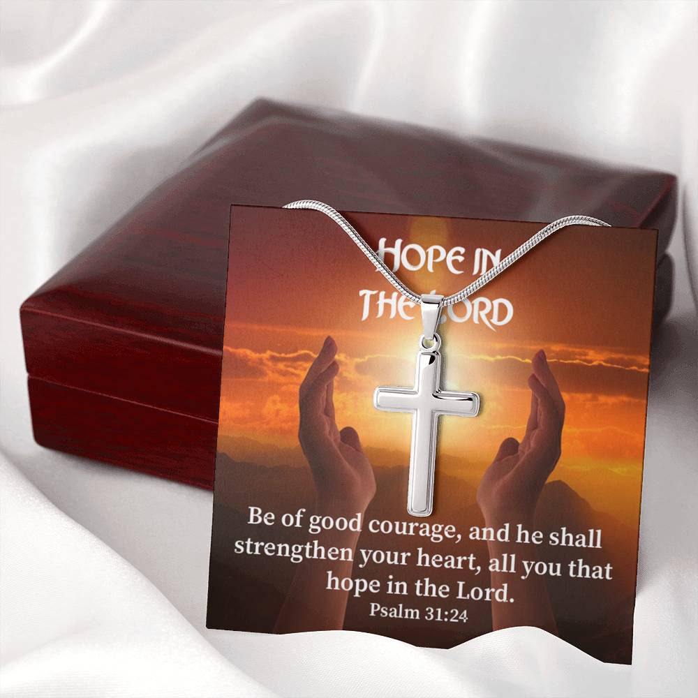 Scripture Card Hope In The Lord Psalm 31:24 Cross Card Necklace w Stainless Steel Pendant Religious Gift-Express Your Love Gifts