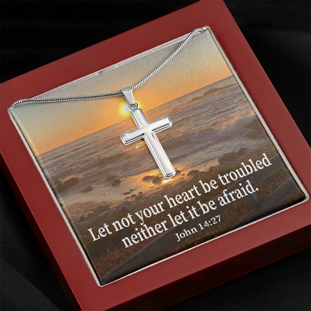 Scripture Card Let Not Your Heart Be Troubled John 14:27 Cross Card Necklace w Stainless Steel Pendant Religious Gift-Express Your Love Gifts