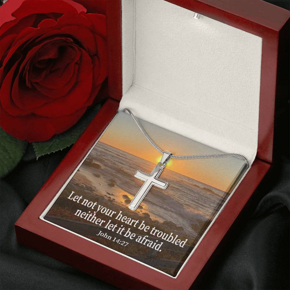 Scripture Card Let Not Your Heart Be Troubled John 14:27 Cross Card Necklace w Stainless Steel Pendant Religious Gift-Express Your Love Gifts