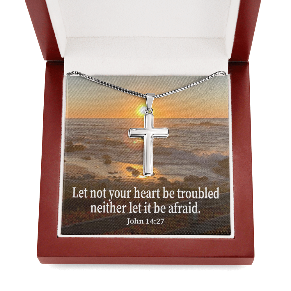 Scripture Card Let Not Your Heart Be Troubled John 14:27 Cross Card Necklace w Stainless Steel Pendant Religious Gift-Express Your Love Gifts