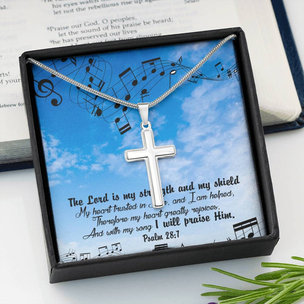 Scripture Card Lord Is My Strength Psalm 28:7Cross Card Necklace w Stainless Steel Pendant Religious Gift-Express Your Love Gifts