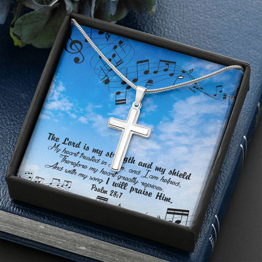 Scripture Card Lord Is My Strength Psalm 28:7Cross Card Necklace w Stainless Steel Pendant Religious Gift-Express Your Love Gifts