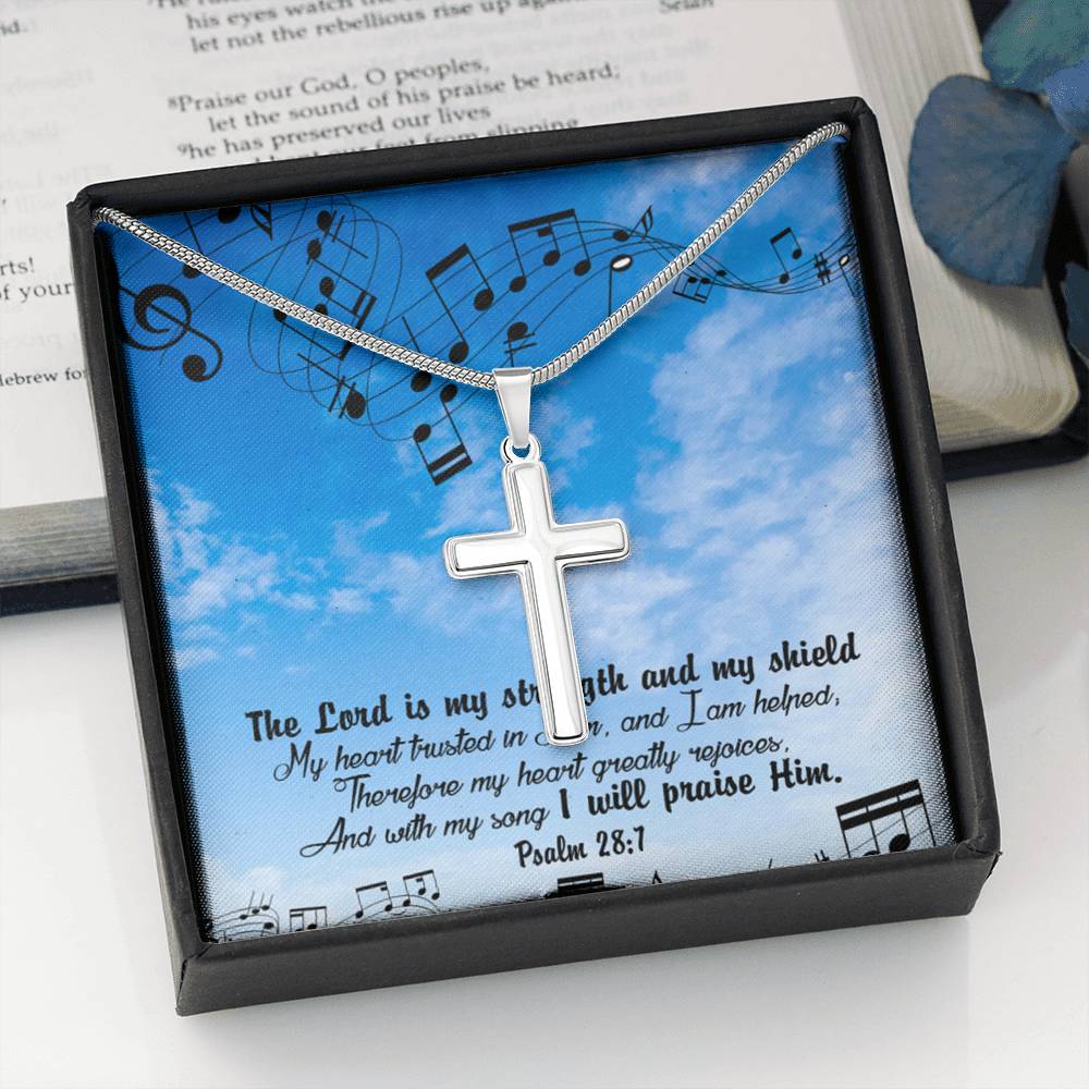 Scripture Card Lord Is My Strength Psalm 28:7Cross Card Necklace w Stainless Steel Pendant Religious Gift-Express Your Love Gifts