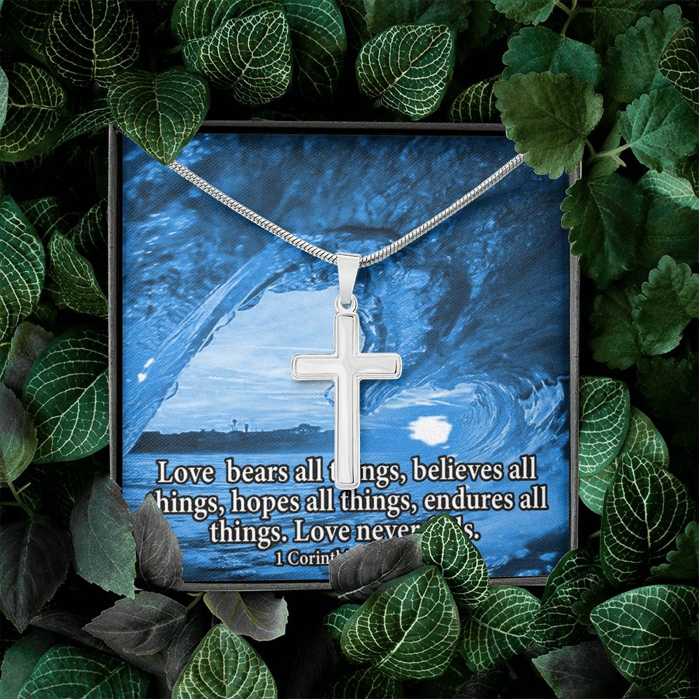 Scripture Card Love Bears All Faith 1 Corinthians 13:7-8 Cross Card Necklace w Stainless Steel Pendant Religious Gift-Express Your Love Gifts