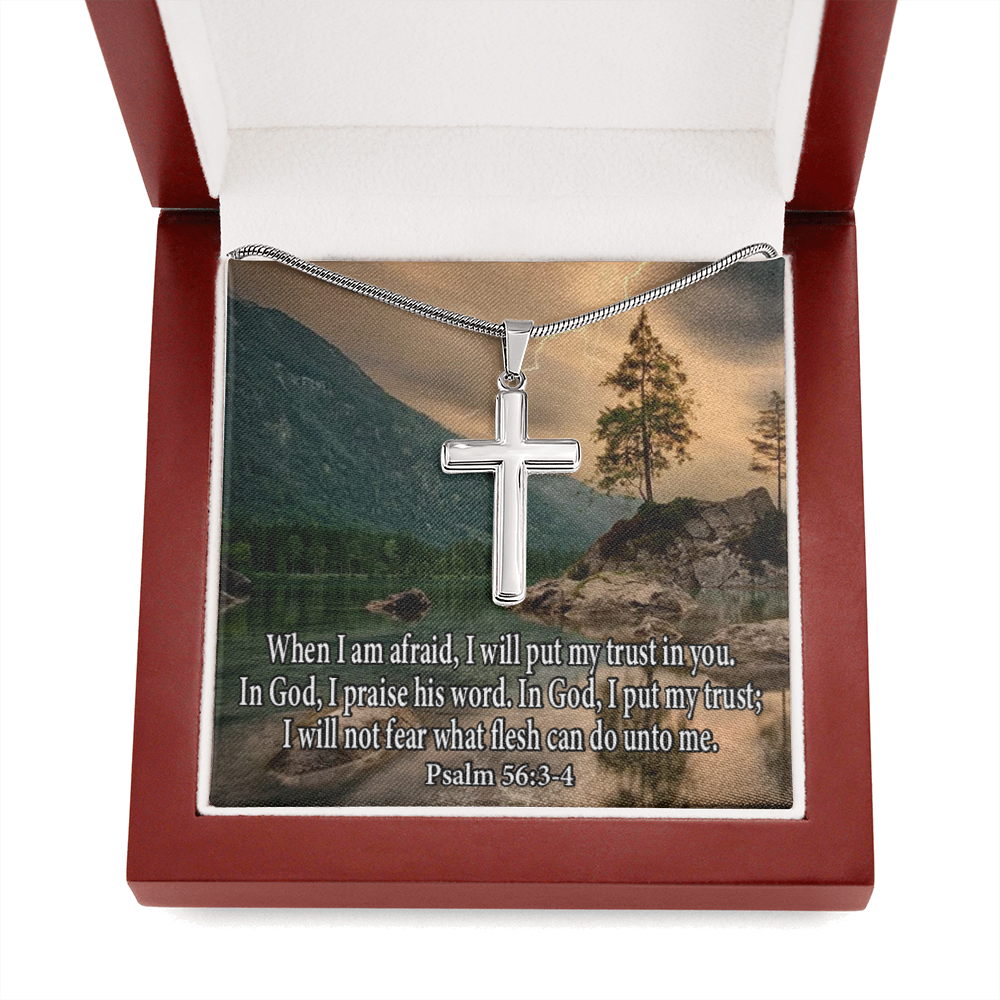 Scripture Card Trust In God Psalm 56:3-4 Cross Card Necklace w Stainless Steel Pendant Religious Gift-Express Your Love Gifts