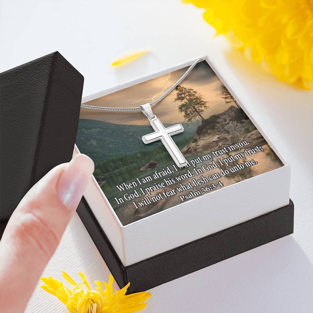 Scripture Card Trust In God Psalm 56:3-4 Cross Card Necklace w Stainless Steel Pendant Religious Gift-Express Your Love Gifts