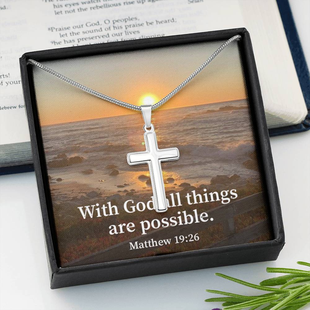 Scripture Card With God All Things Are Possible Matthew 19:26 Cross Card Necklace w Stainless Steel Pendant Religious Gift-Express Your Love Gifts