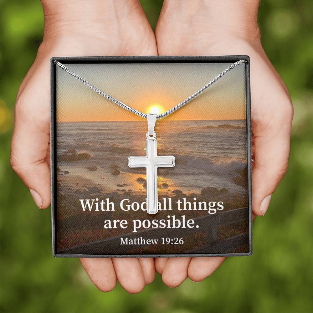 Scripture Card With God All Things Are Possible Matthew 19:26 Cross Card Necklace w Stainless Steel Pendant Religious Gift-Express Your Love Gifts