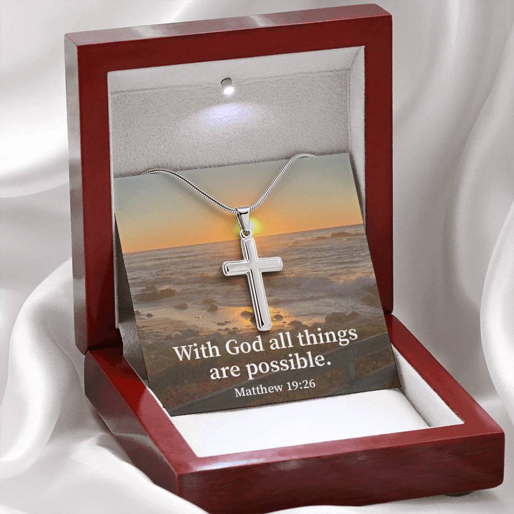 Scripture Card With God All Things Are Possible Matthew 19:26 Cross Card Necklace w Stainless Steel Pendant Religious Gift-Express Your Love Gifts