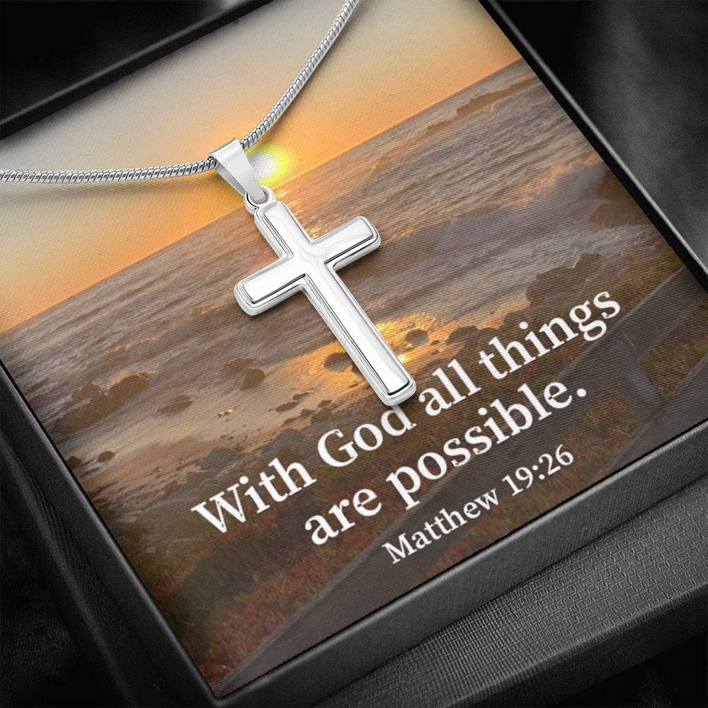 Scripture Card With God All Things Are Possible Matthew 19:26 Cross Card Necklace w Stainless Steel Pendant Religious Gift-Express Your Love Gifts