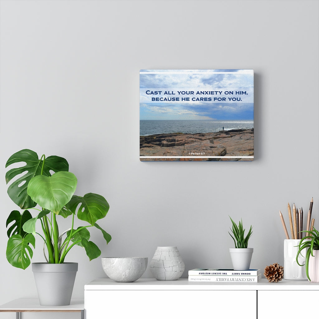 Scripture Walls Because He Cares For You 1 Peter 5:7 Bible Verse Canvas Christian Wall Art Ready to Hang Unframed-Express Your Love Gifts