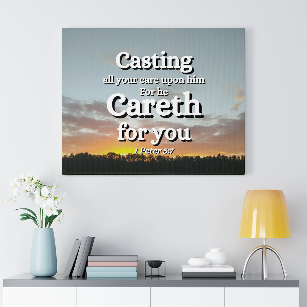 Scripture Walls CAreth For You 1 Peter 5:7 Bible Verse Canvas Christian Wall Art Ready to Hang Unframed-Express Your Love Gifts