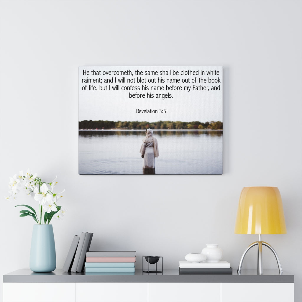 Scripture Walls Clothed in White Revelation 3:5 Bible Verse Canvas Christian Wall Art Ready to Hang Unframed-Express Your Love Gifts