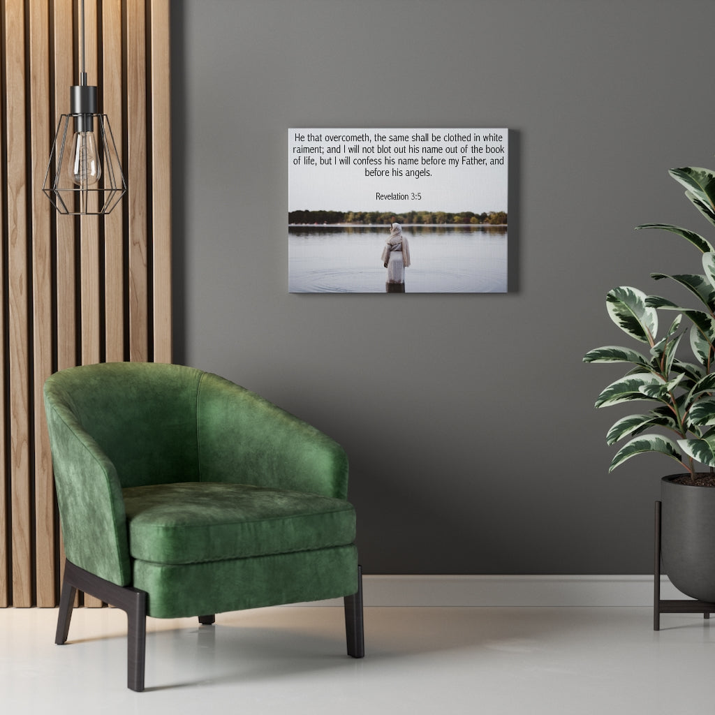 Scripture Walls Clothed in White Revelation 3:5 Bible Verse Canvas Christian Wall Art Ready to Hang Unframed-Express Your Love Gifts