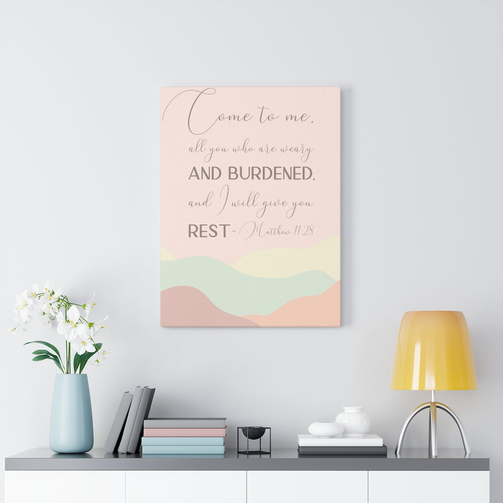 Scripture Walls Come To Me Matthew 11:28 Pink Bible Verse Canvas Christian Wall Art Ready to Hang Unframed-Express Your Love Gifts