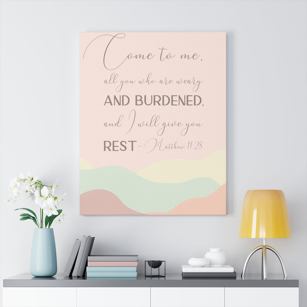 Scripture Walls Come To Me Matthew 11:28 Pink Bible Verse Canvas Christian Wall Art Ready to Hang Unframed-Express Your Love Gifts