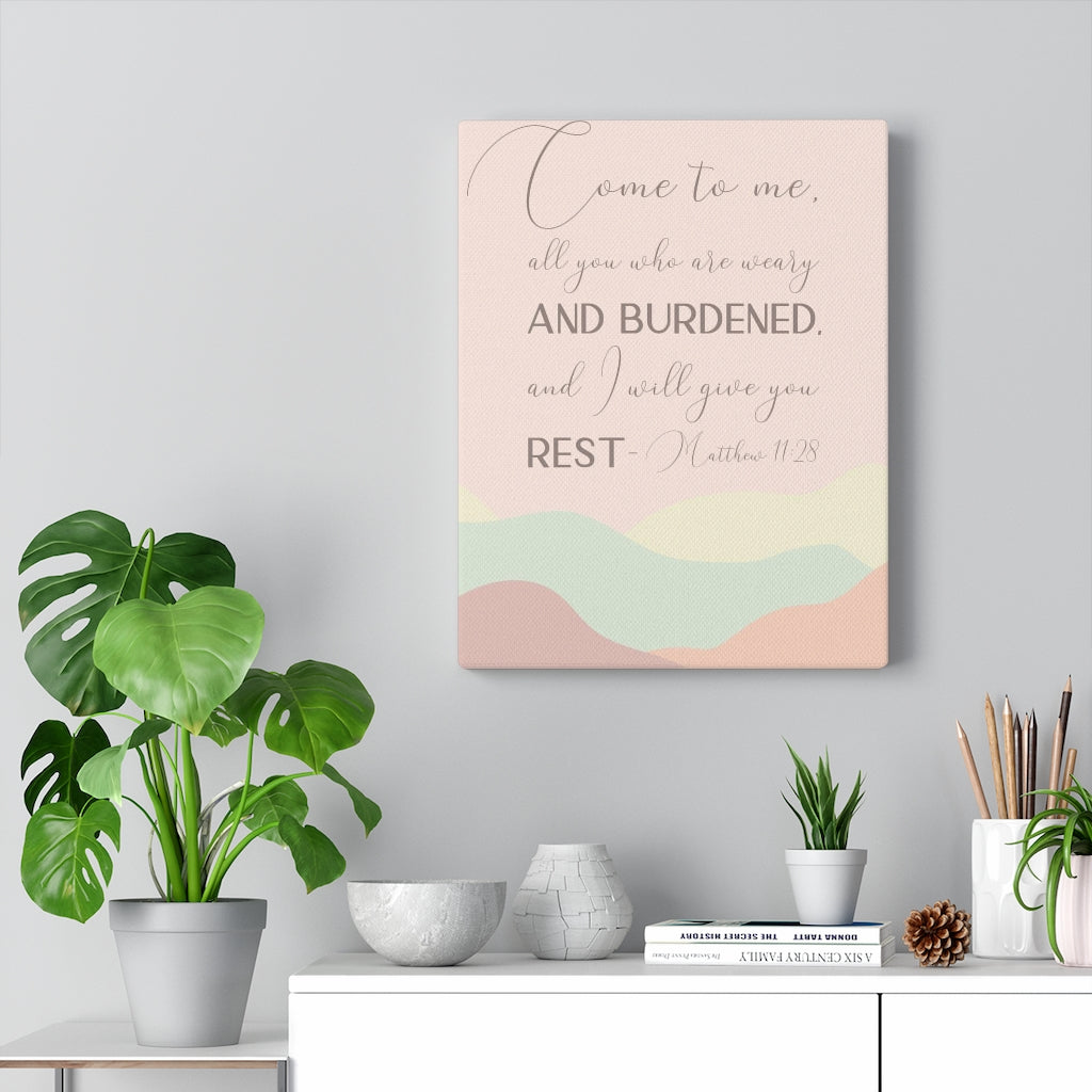 Scripture Walls Come To Me Matthew 11:28 Pink Bible Verse Canvas Christian Wall Art Ready to Hang Unframed-Express Your Love Gifts