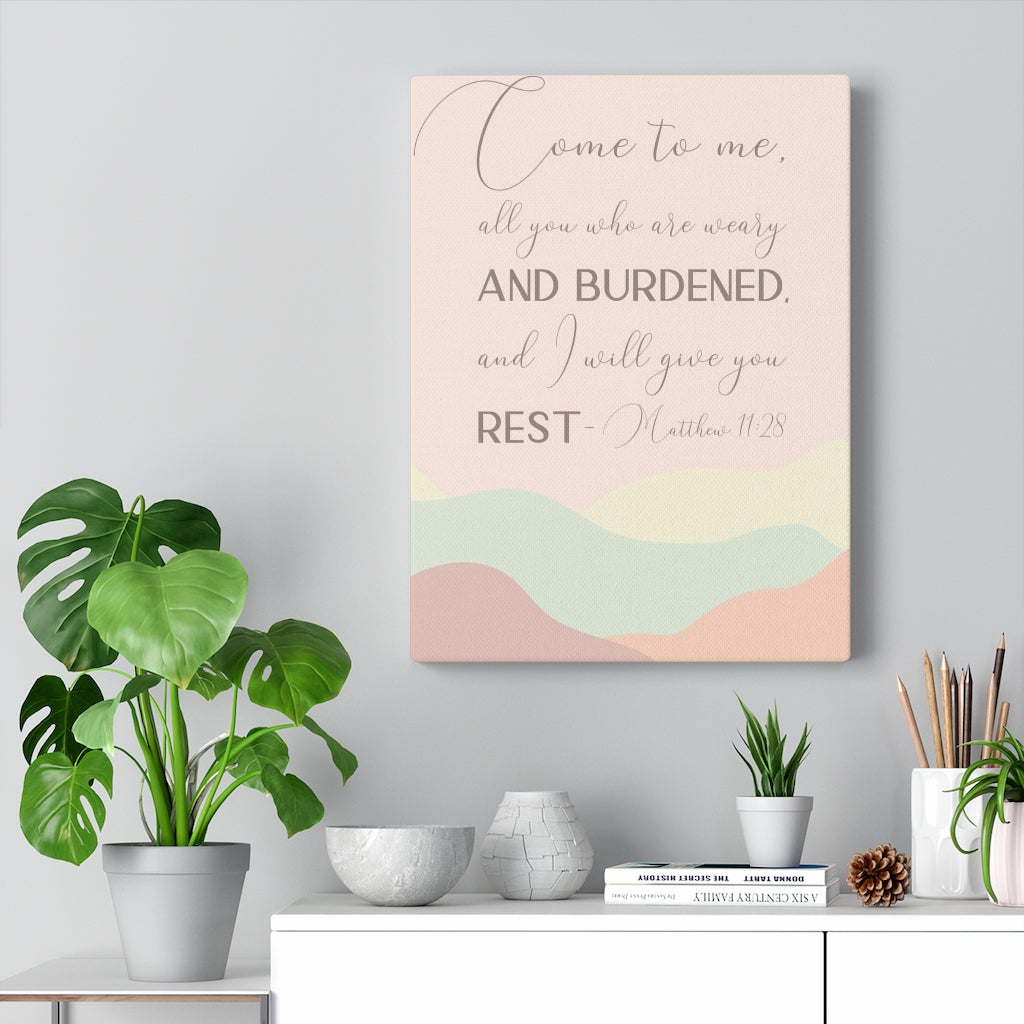 Scripture Walls Come To Me Matthew 11:28 Pink Bible Verse Canvas Christian Wall Art Ready to Hang Unframed-Express Your Love Gifts