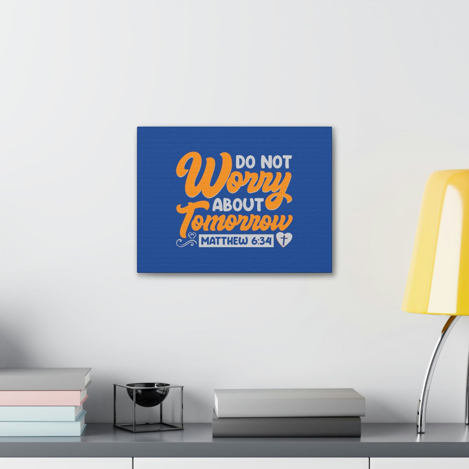 Scripture Walls Do Not Worry Matthew 6:34 Blue & Orange Bible Verse Canvas Christian Wall Art Ready to Hang Unframed-Express Your Love Gifts