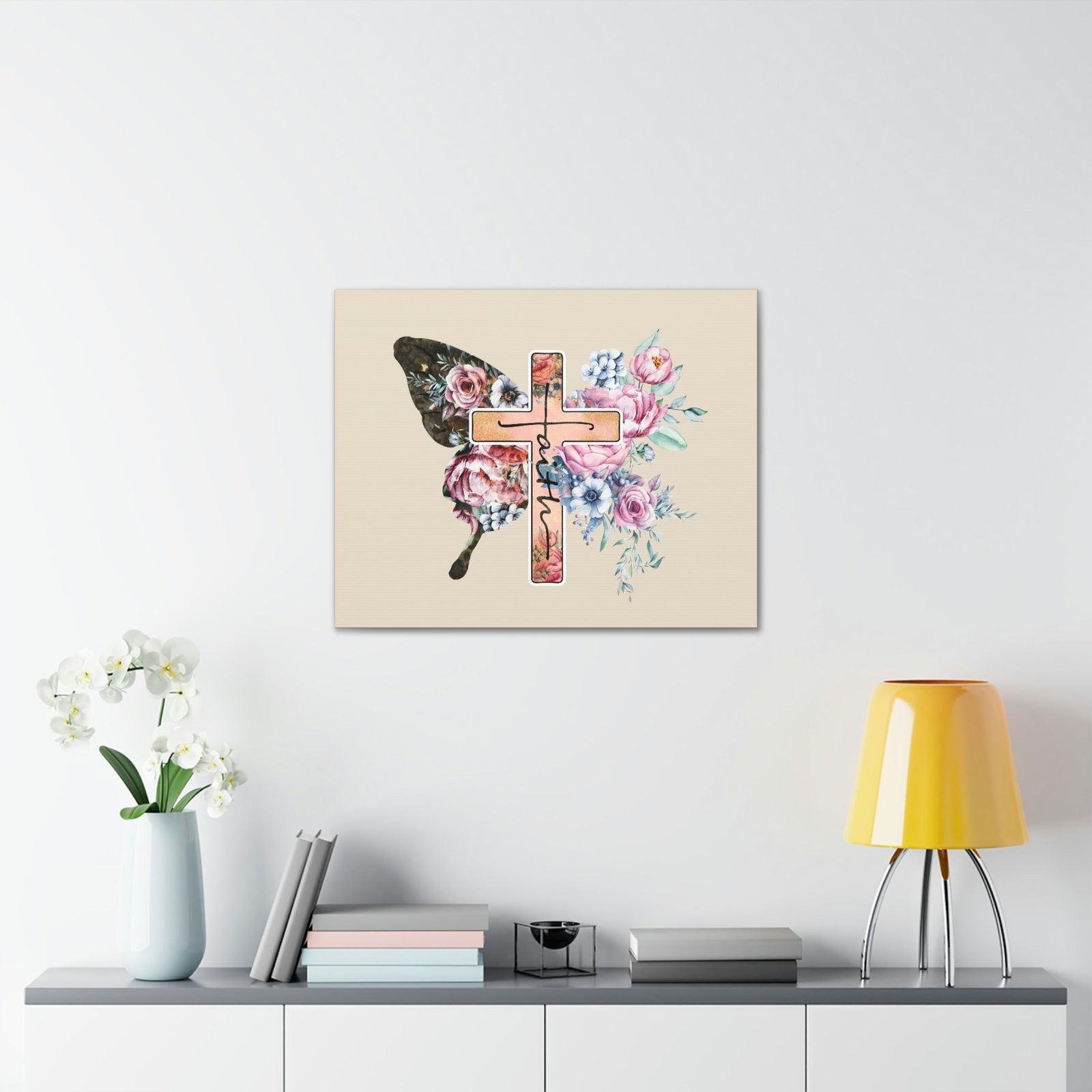 Scripture Walls Faith Cross Pastel Flower 2 Corinthians 5:7 Bible Verse Canvas Christian Wall Art Ready to Hang Unframed-Express Your Love Gifts