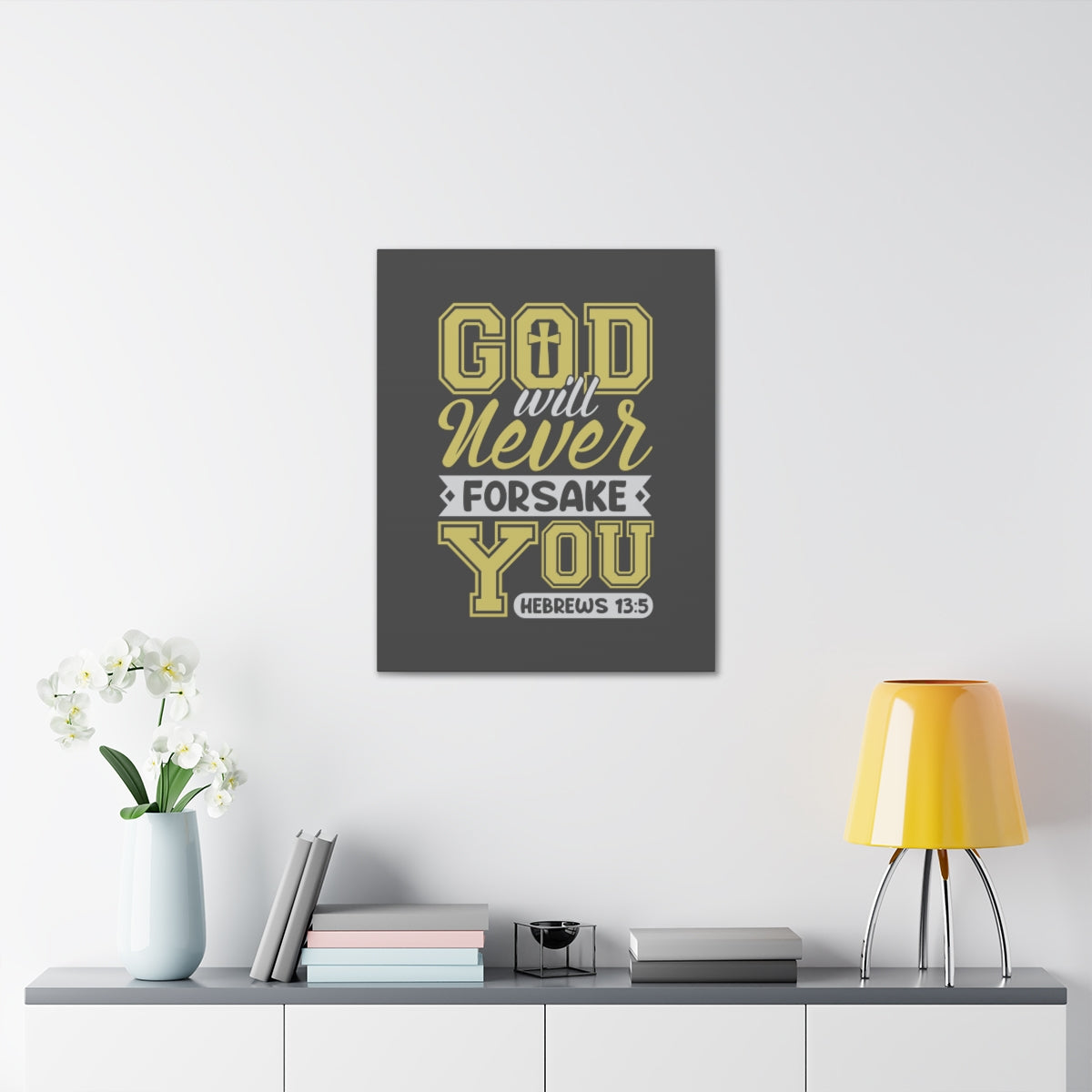 Scripture Walls God Will Never Forsake Hebrews 13:5 Yellow Bible Verse Canvas Christian Wall Art Ready to Hang Unframed-Express Your Love Gifts