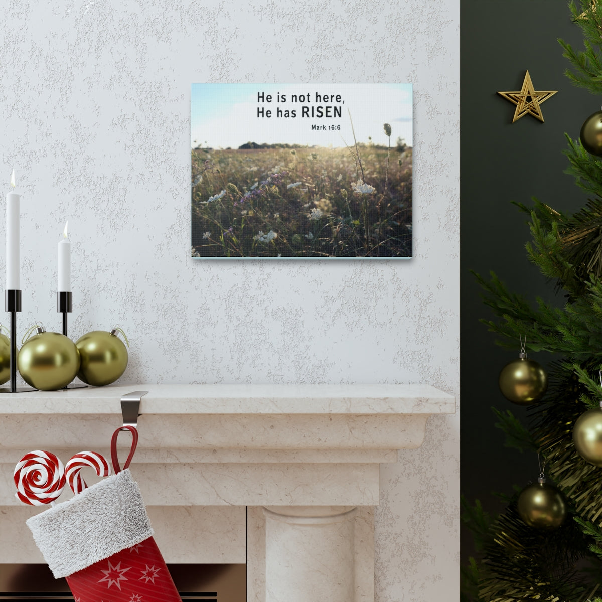 Scripture Walls He Has Risen Mark 16:6 Bible Verse Canvas Christian Wall Art Ready to Hang Unframed-Express Your Love Gifts