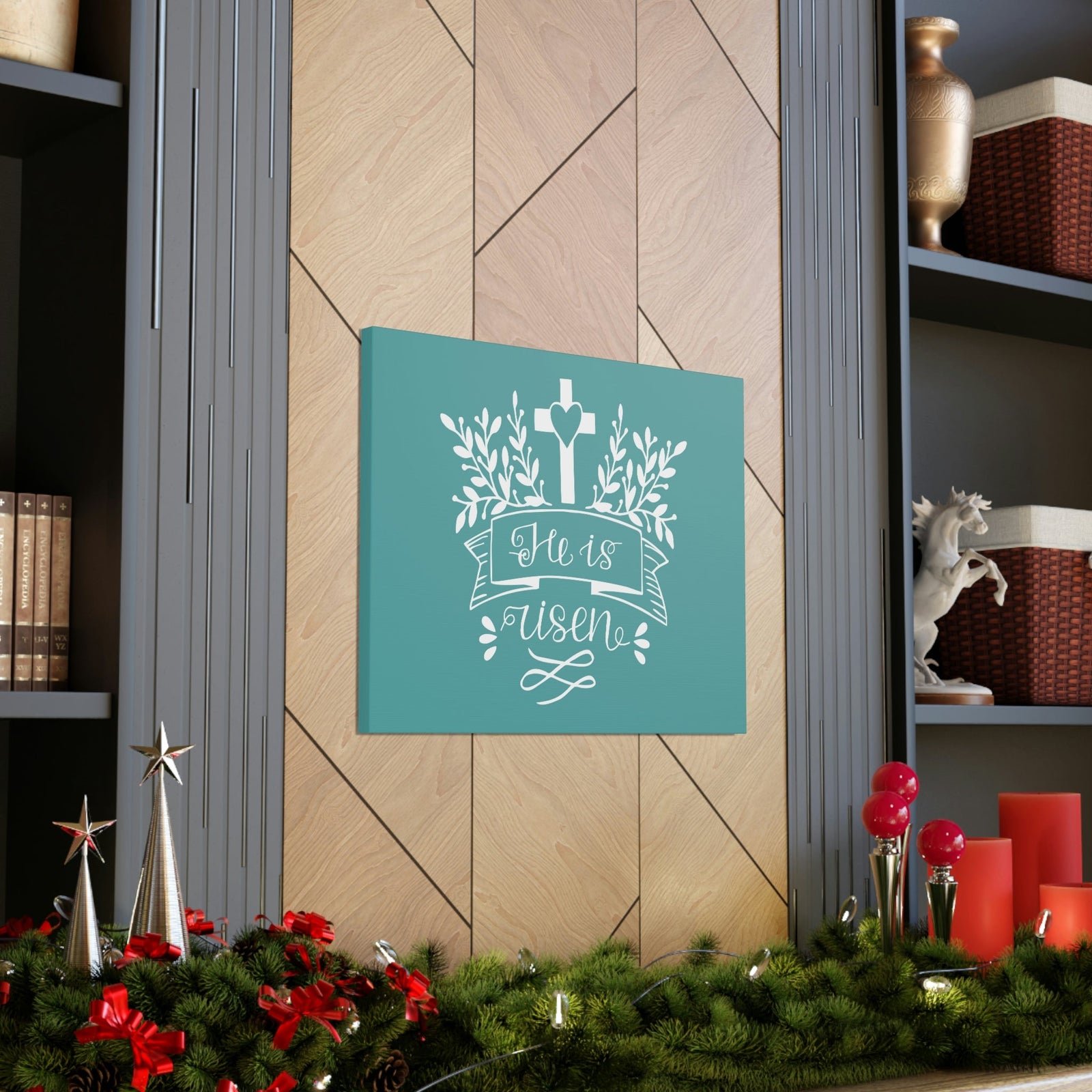Scripture Walls He Is Risen Matthew 28:6 Teal Branches Christian Wall Art Bible Verse Print Ready to Hang Unframed-Express Your Love Gifts