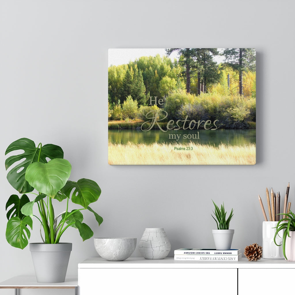 Scripture Walls He Restores My Soul Psalms 23:3 Bible Verse Canvas Christian Wall Art Ready to Hang Unframed-Express Your Love Gifts