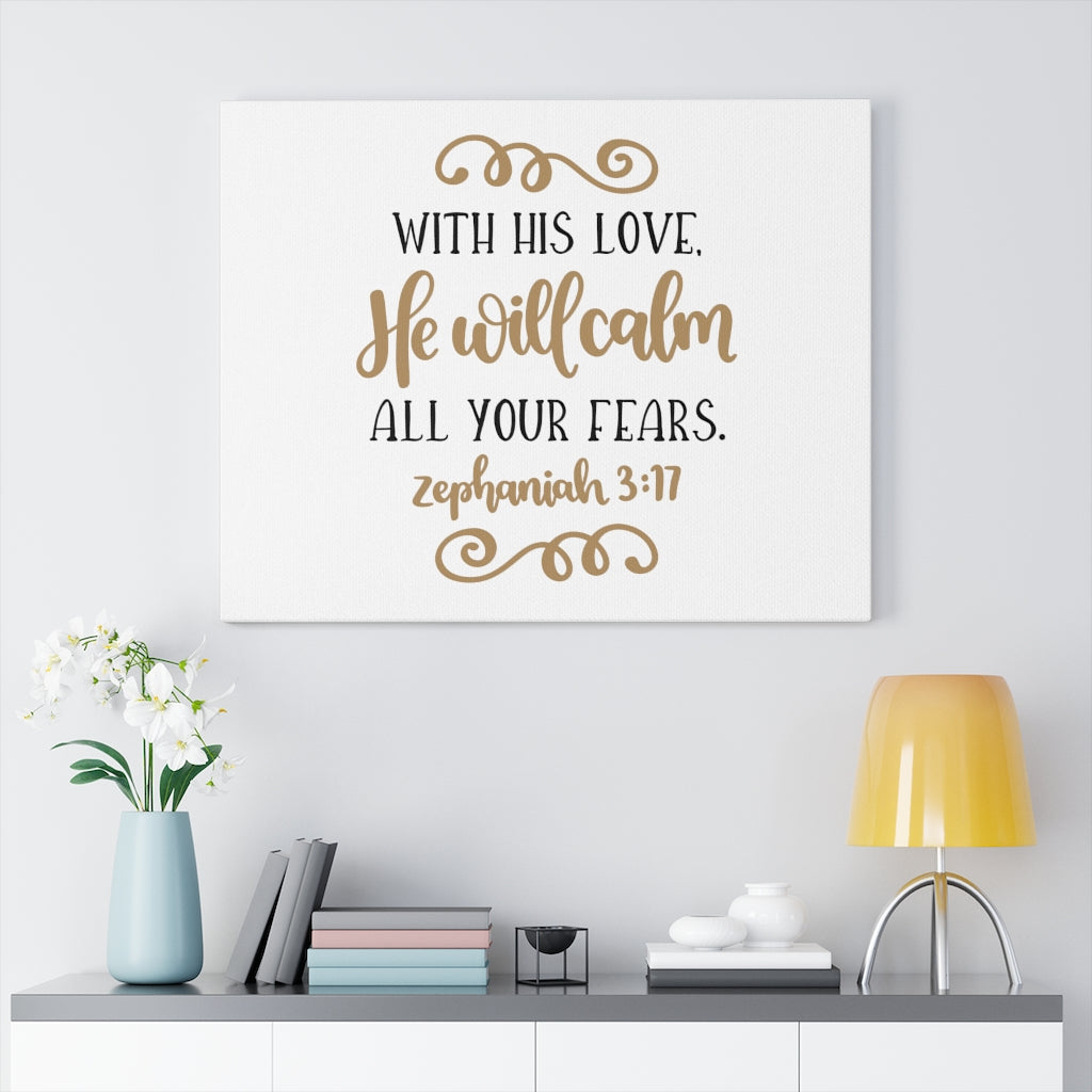 Scripture Walls He Will Calm Zephaniah 3:17 Bible Verse Canvas Christian Wall Art Ready to Hang Unframed-Express Your Love Gifts