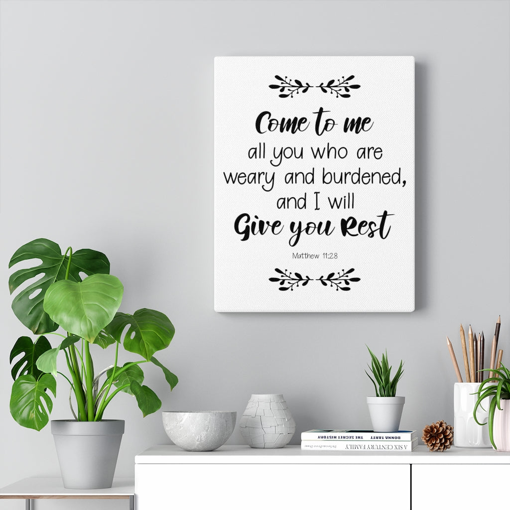 Scripture Walls I Will Give You Rest Matthew 11:28 White Bible Verse Canvas Christian Wall Art Ready to Hang Unframed-Express Your Love Gifts