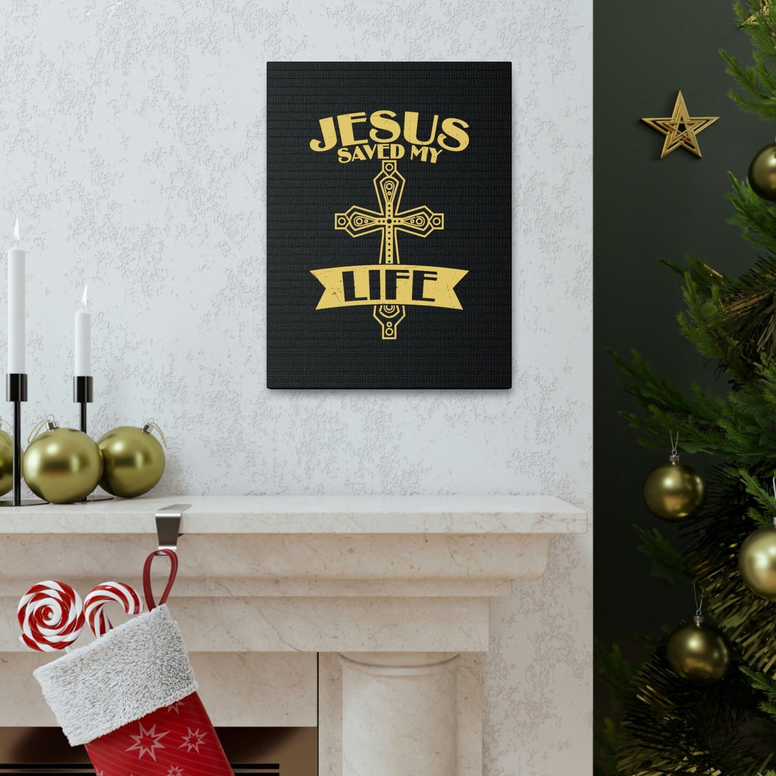 Scripture Walls Jesus Saved My Life Acts 16:31 Golden Cross Christian Wall Art Bible Verse Print Ready to Hang Unframed-Express Your Love Gifts