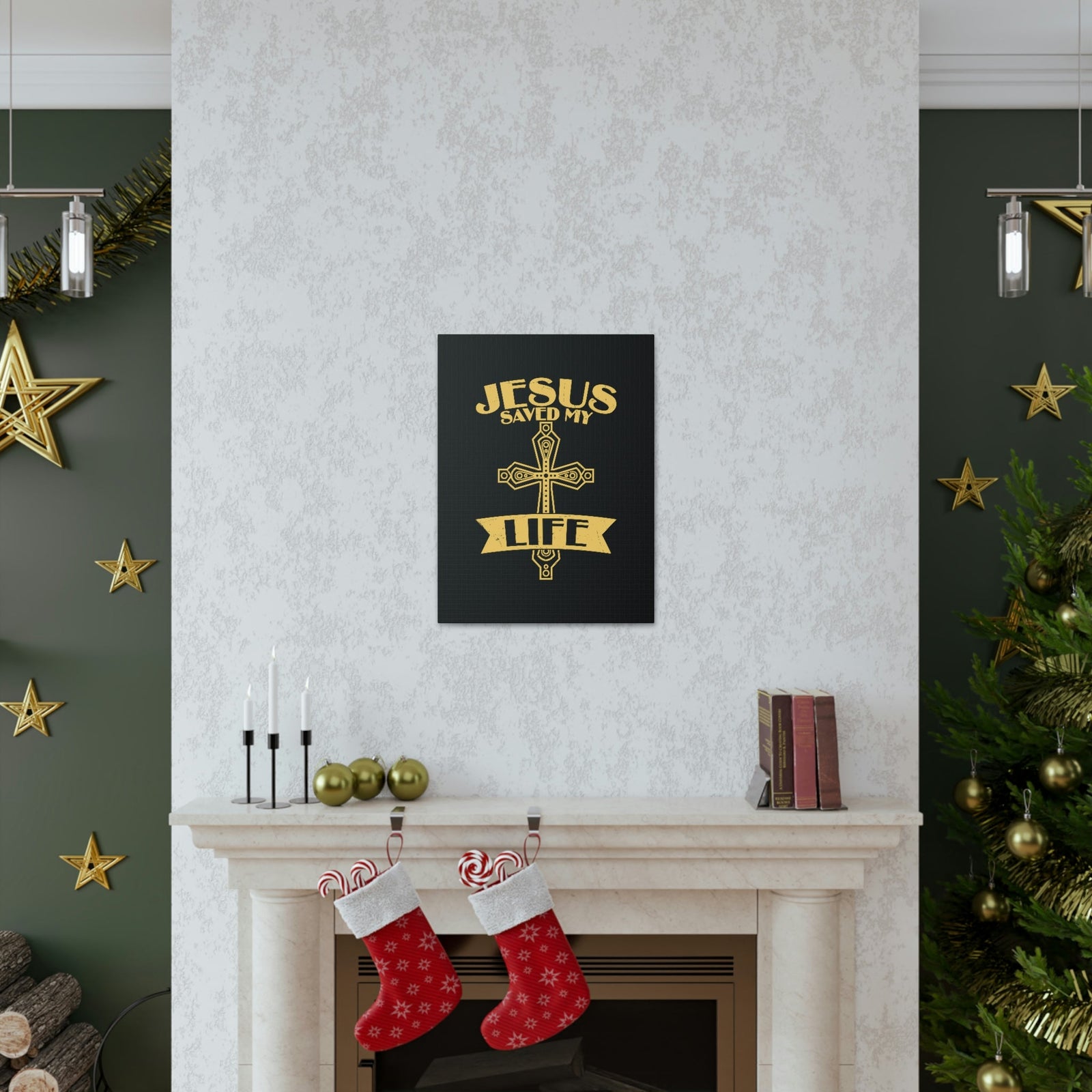 Scripture Walls Jesus Saved My Life Acts 16:31 Golden Cross Christian Wall Art Bible Verse Print Ready to Hang Unframed-Express Your Love Gifts