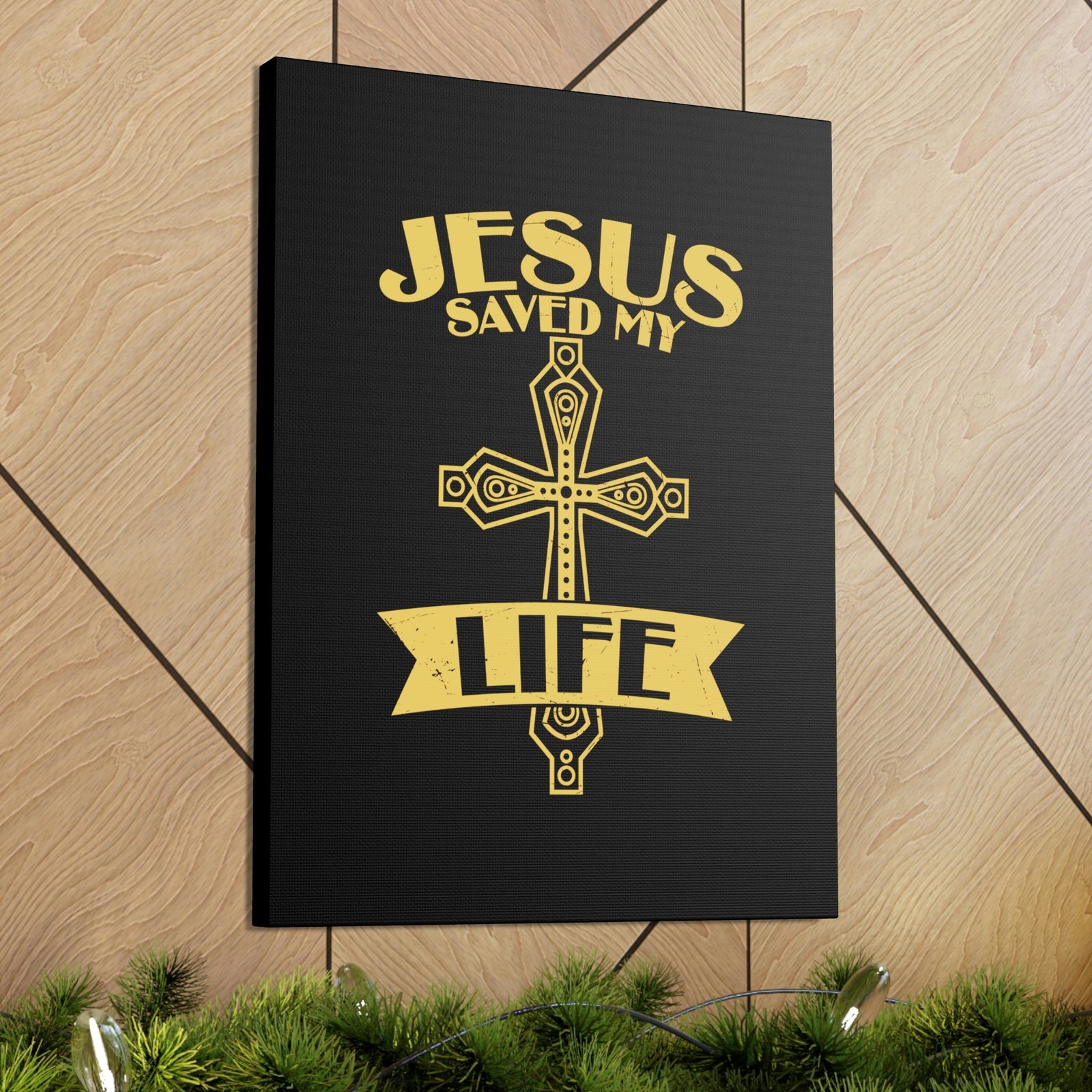 Scripture Walls Jesus Saved My Life Acts 16:31 Golden Cross Christian Wall Art Bible Verse Print Ready to Hang Unframed-Express Your Love Gifts