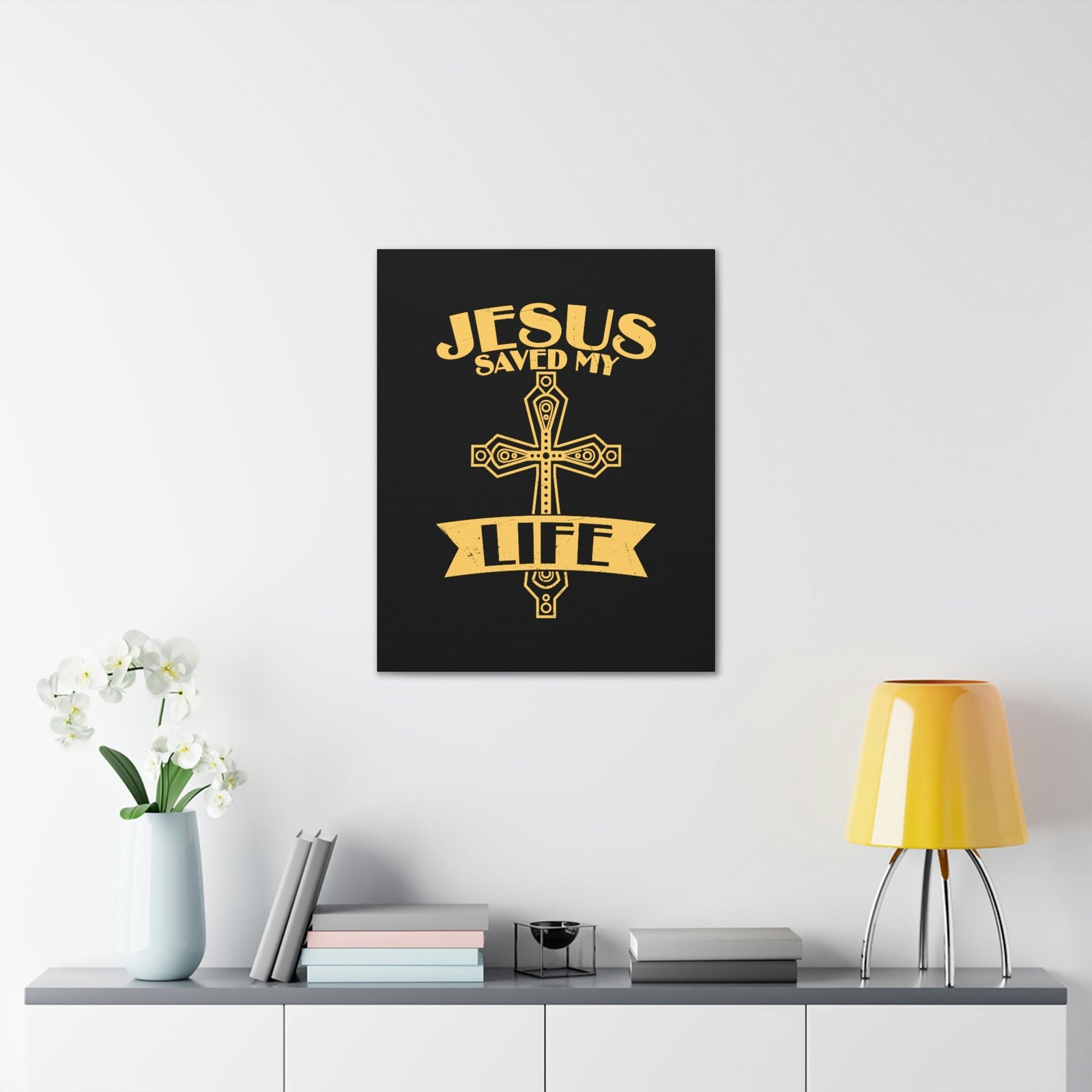 Scripture Walls Jesus Saved My Life Acts 16:31 Golden Cross Christian Wall Art Bible Verse Print Ready to Hang Unframed-Express Your Love Gifts