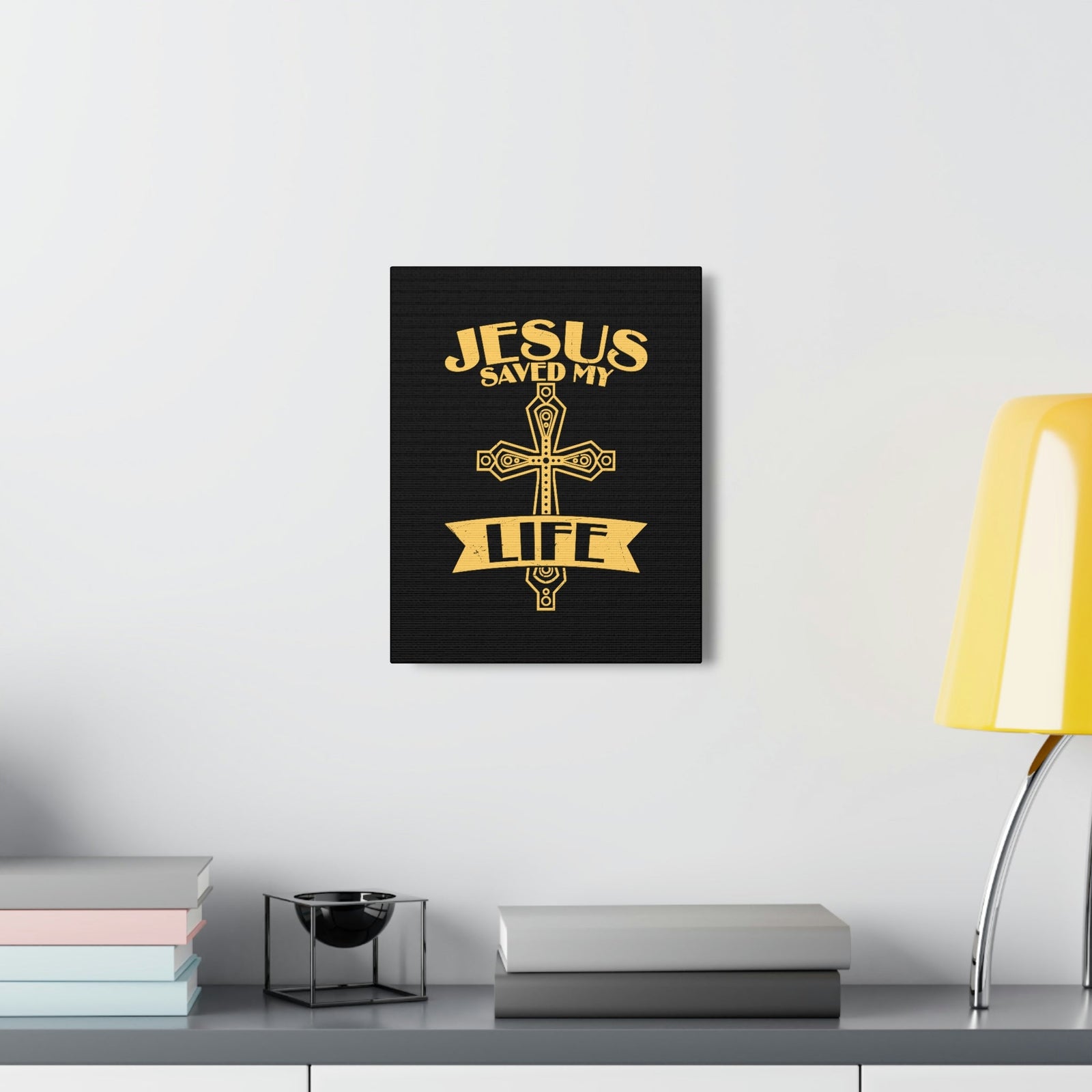 Scripture Walls Jesus Saved My Life Acts 16:31 Golden Cross Christian Wall Art Bible Verse Print Ready to Hang Unframed-Express Your Love Gifts