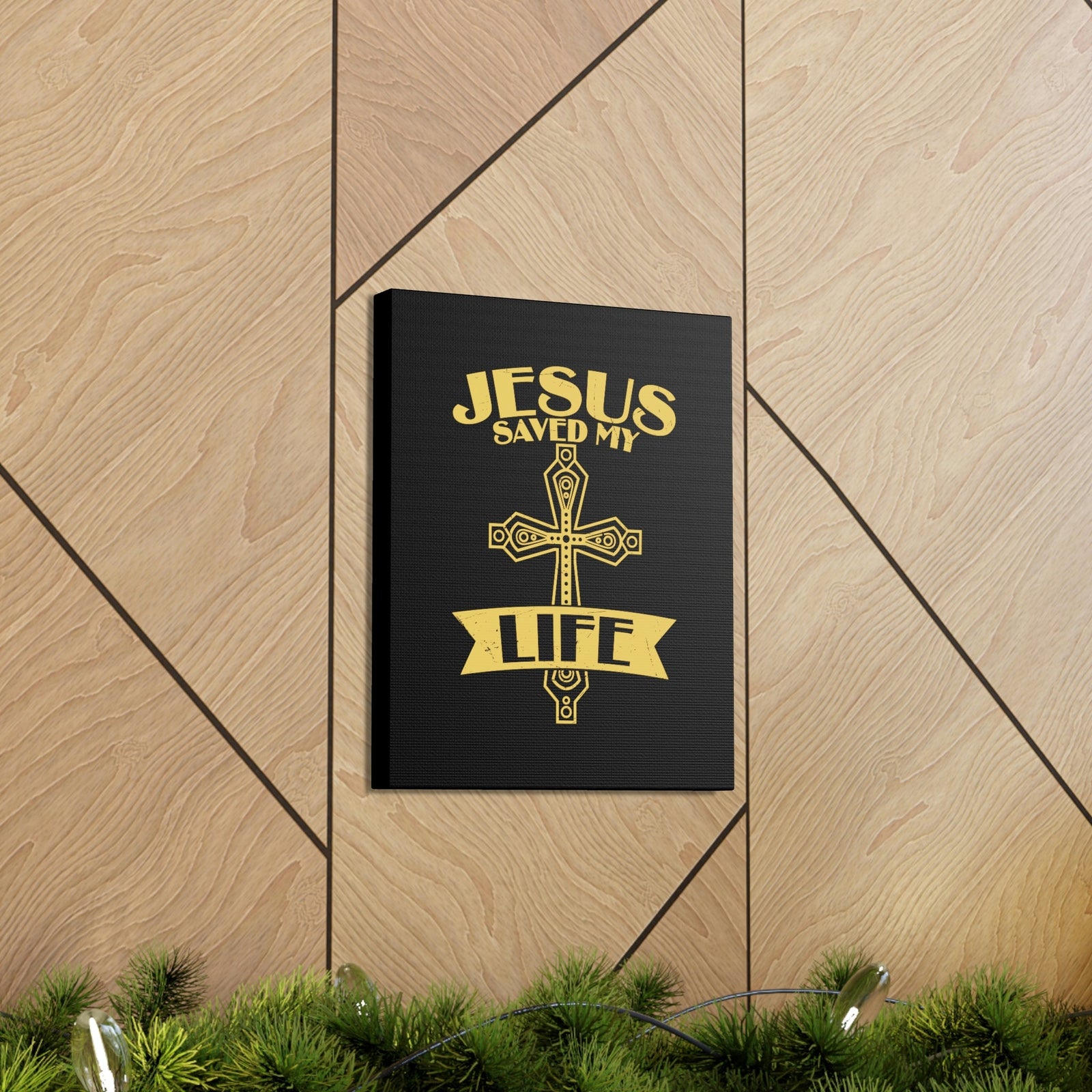 Scripture Walls Jesus Saved My Life Acts 16:31 Golden Cross Christian Wall Art Bible Verse Print Ready to Hang Unframed-Express Your Love Gifts
