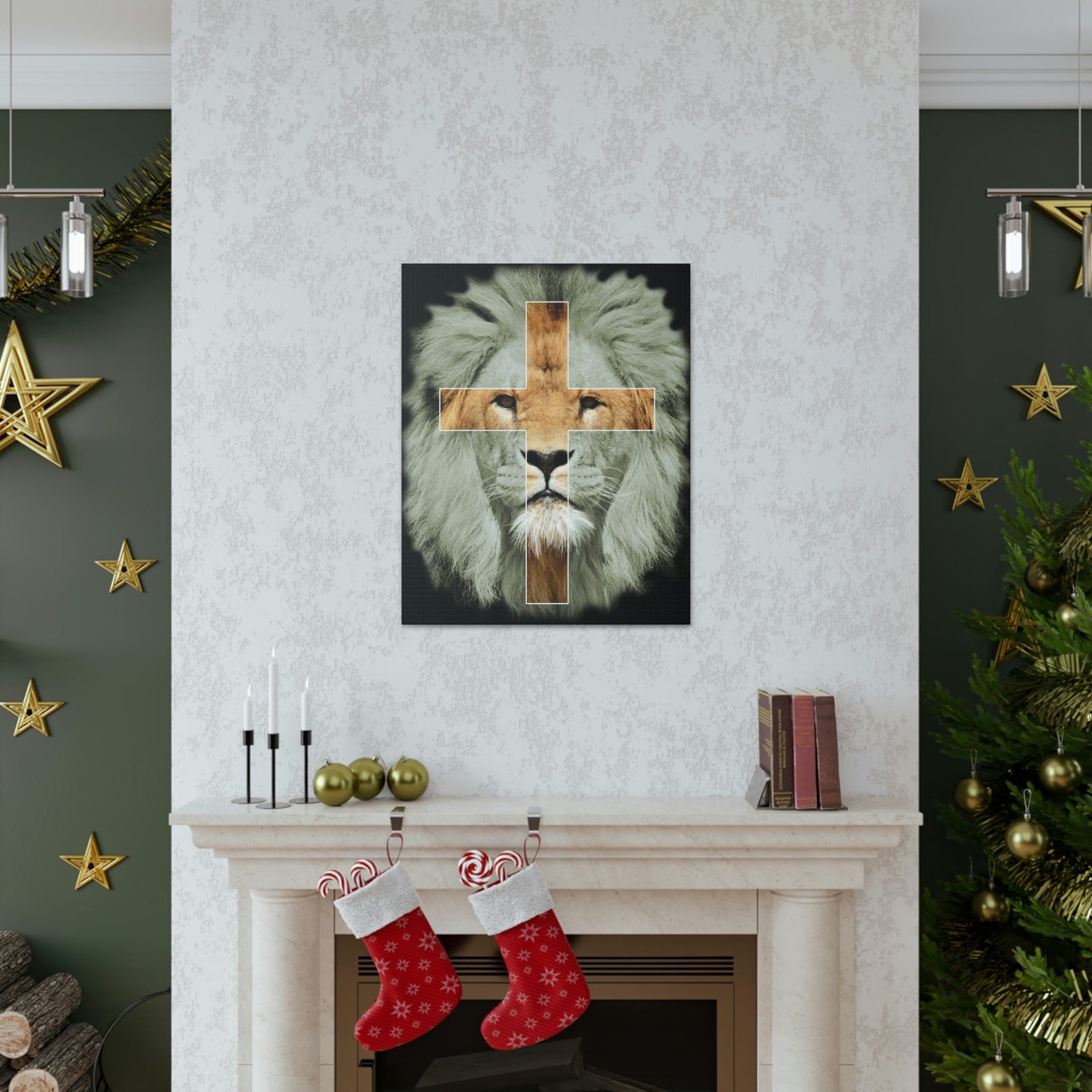 Scripture Walls Lion of Judah Revelation 5:5 Cross on Lion Bible Verse Canvas Christian Wall Art Ready to Hang Unframed-Express Your Love Gifts