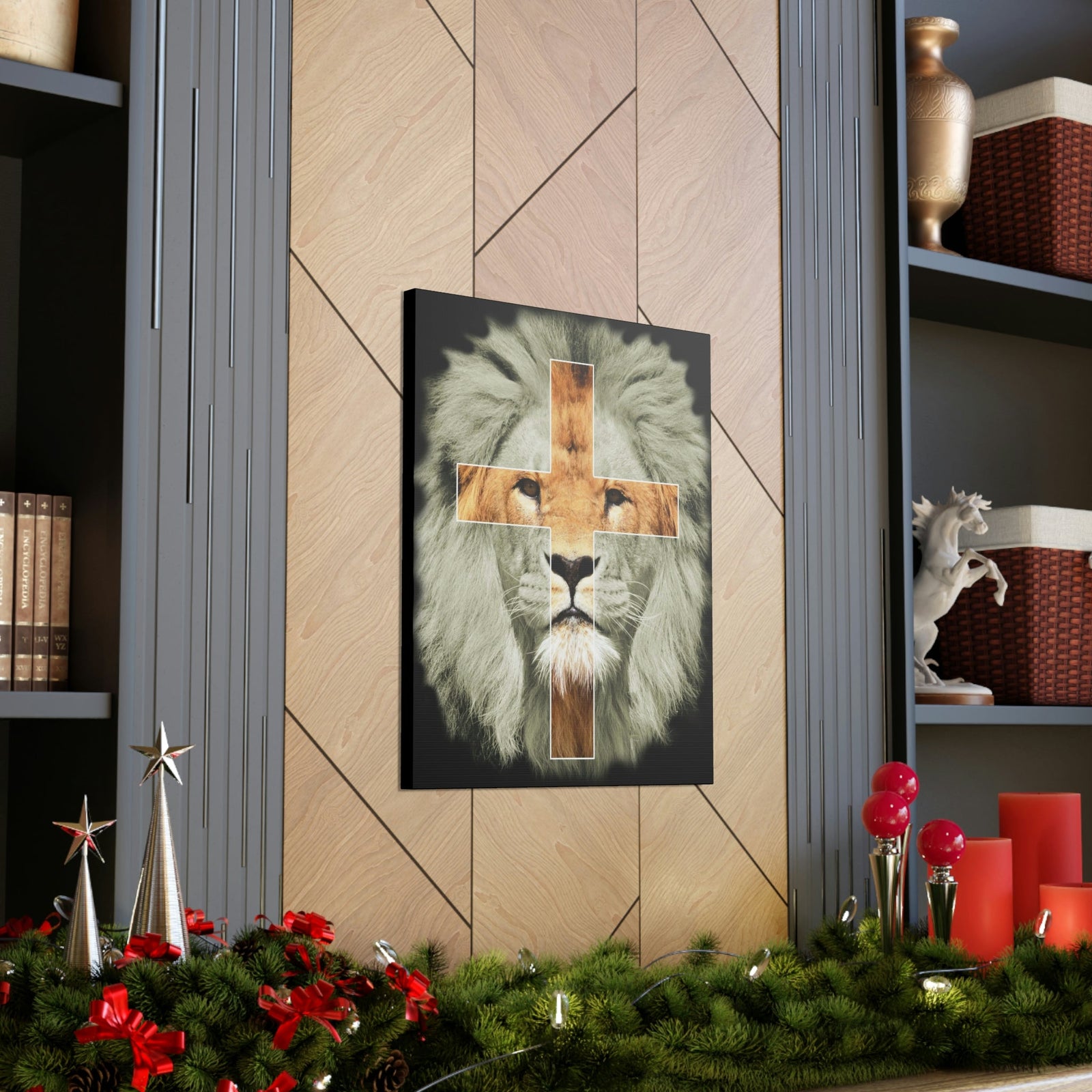 Scripture Walls Lion of Judah Revelation 5:5 Cross on Lion Bible Verse Canvas Christian Wall Art Ready to Hang Unframed-Express Your Love Gifts