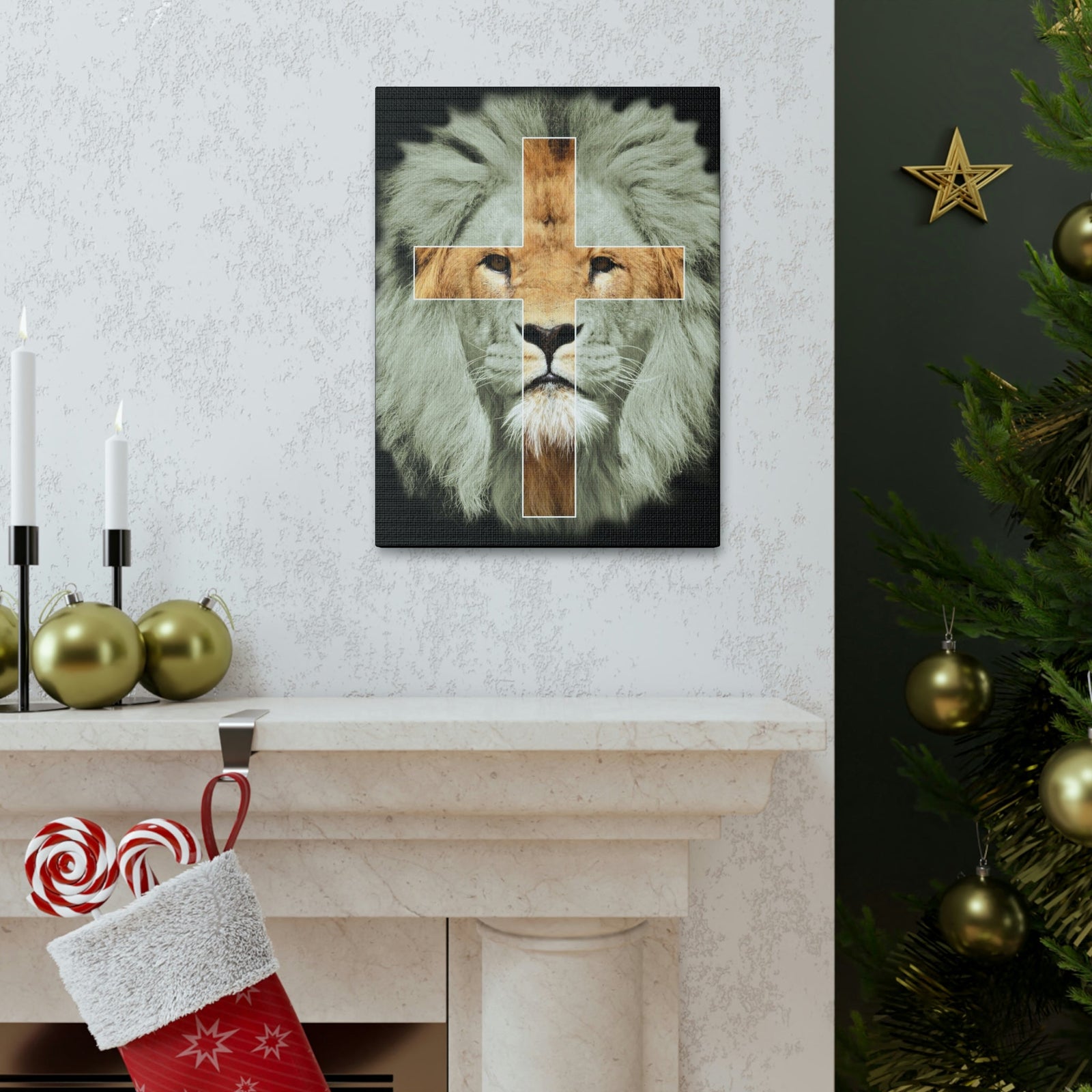 Scripture Walls Lion of Judah Revelation 5:5 Cross on Lion Bible Verse Canvas Christian Wall Art Ready to Hang Unframed-Express Your Love Gifts