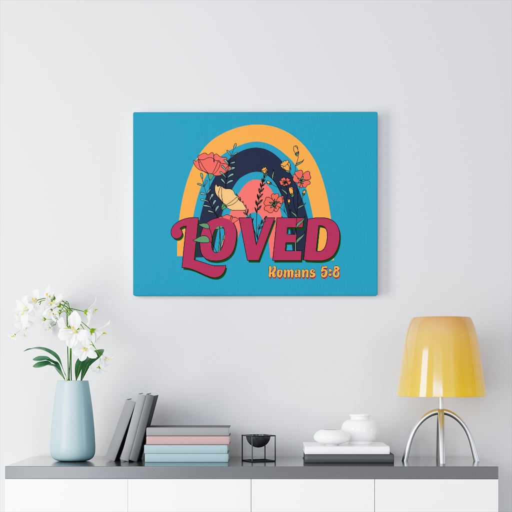 Scripture Walls Loved Romans 5:8 Red Turquoise Bible Verse Canvas Christian Wall Art Ready to Hang Unframed-Express Your Love Gifts
