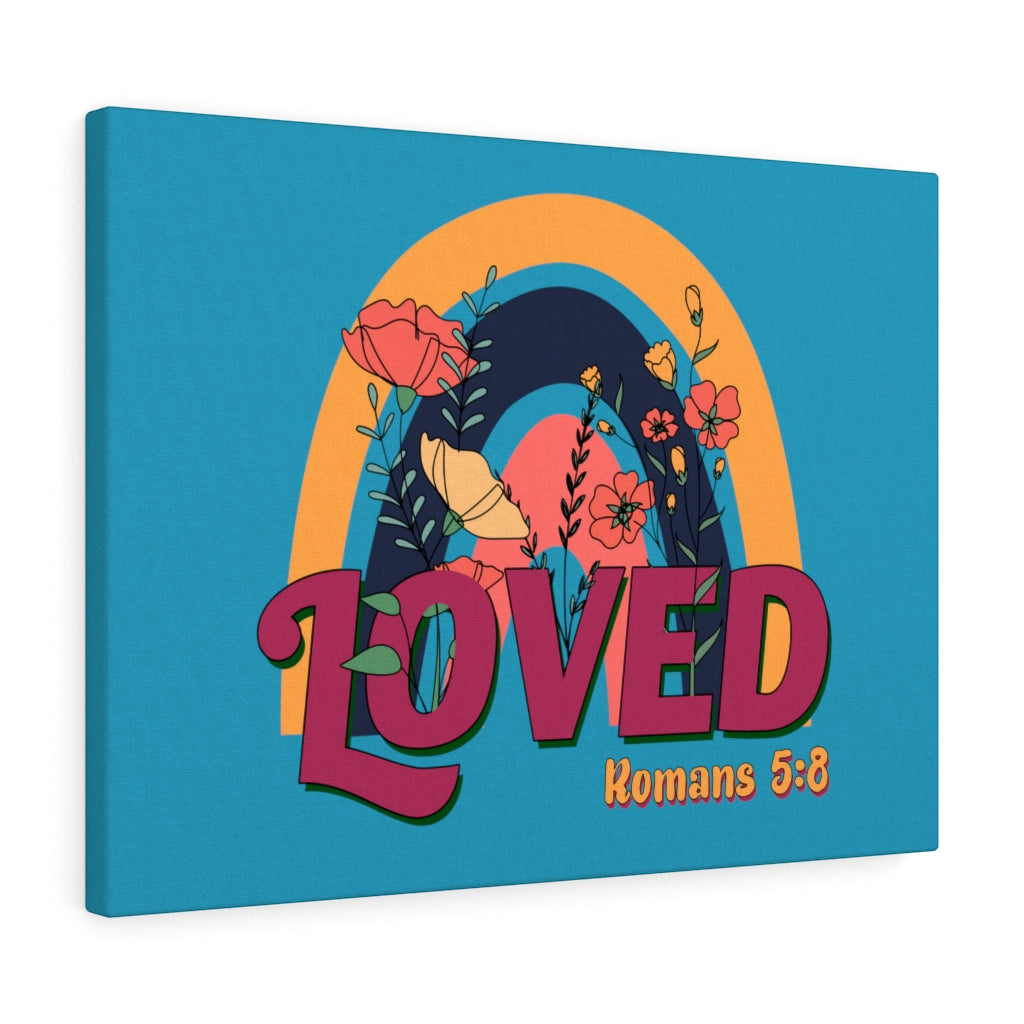 Scripture Walls Loved Romans 5:8 Red Turquoise Bible Verse Canvas Christian Wall Art Ready to Hang Unframed-Express Your Love Gifts