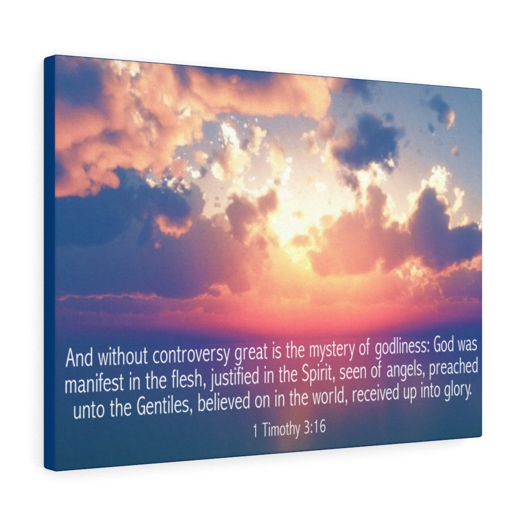 Scripture Walls Mystery of Godliness 1 Timothy 3:16 Bible Verse Canvas Christian Wall Art Ready to Hang Unframed-Express Your Love Gifts