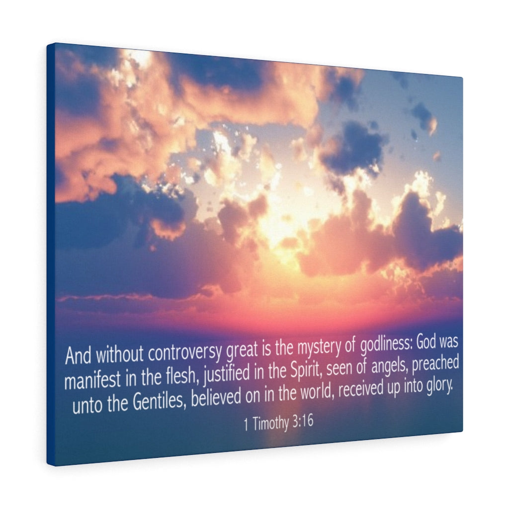 Scripture Walls Mystery of Godliness 1 Timothy 3:16 Bible Verse Canvas Christian Wall Art Ready to Hang Unframed-Express Your Love Gifts