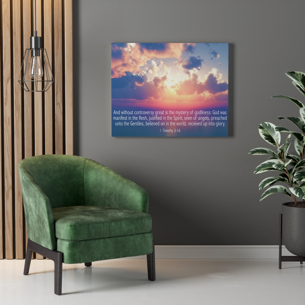 Scripture Walls Mystery of Godliness 1 Timothy 3:16 Bible Verse Canvas Christian Wall Art Ready to Hang Unframed-Express Your Love Gifts