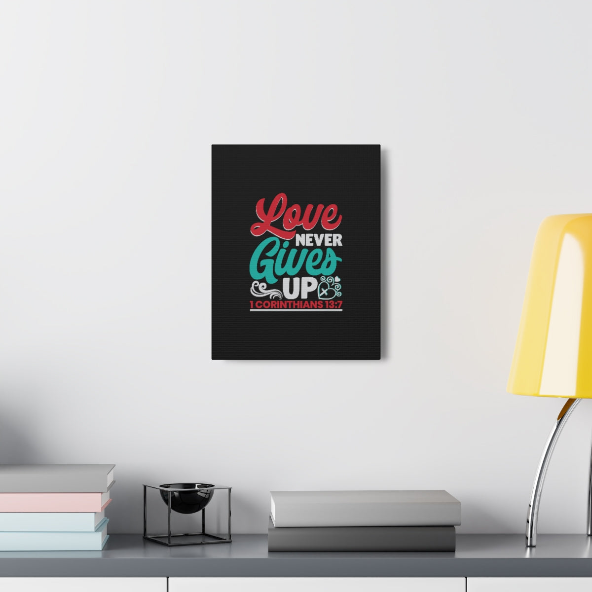 Scripture Walls Never Gives Up 1 Corinthians 13:7 Read & Teal Bible Verse Canvas Christian Wall Art Ready to Hang Unframed-Express Your Love Gifts