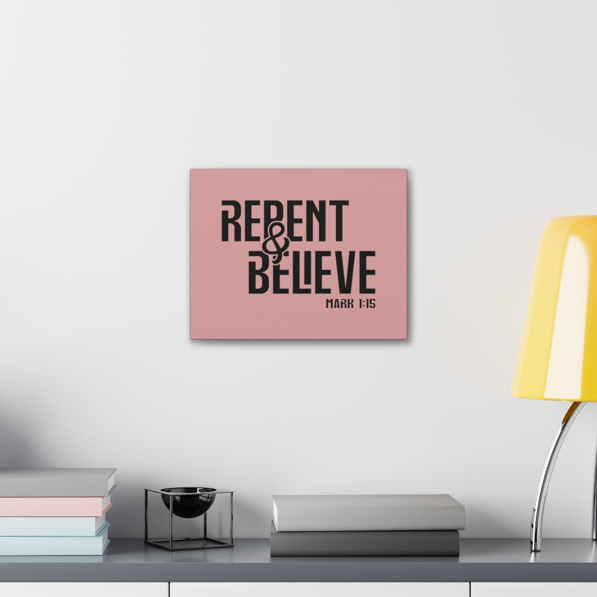 Scripture Walls Repent & Believe Mark 1:15 Light Pink Bible Verse Canvas Christian Wall Art Ready to Hang Unframed-Express Your Love Gifts