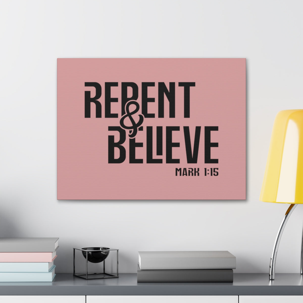Scripture Walls Repent & Believe Mark 1:15 Light Pink Bible Verse Canvas Christian Wall Art Ready to Hang Unframed-Express Your Love Gifts