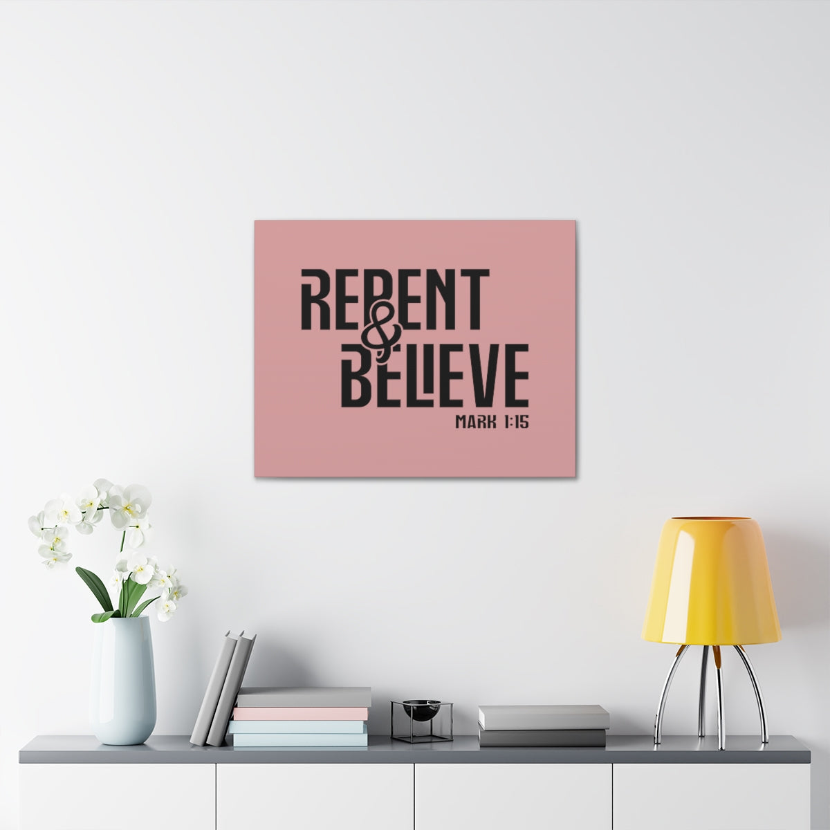 Scripture Walls Repent & Believe Mark 1:15 Light Pink Bible Verse Canvas Christian Wall Art Ready to Hang Unframed-Express Your Love Gifts